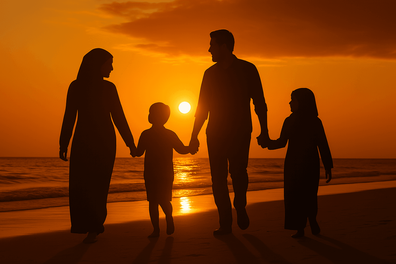 muslim-family-walking-on-the-beach-during-sunset