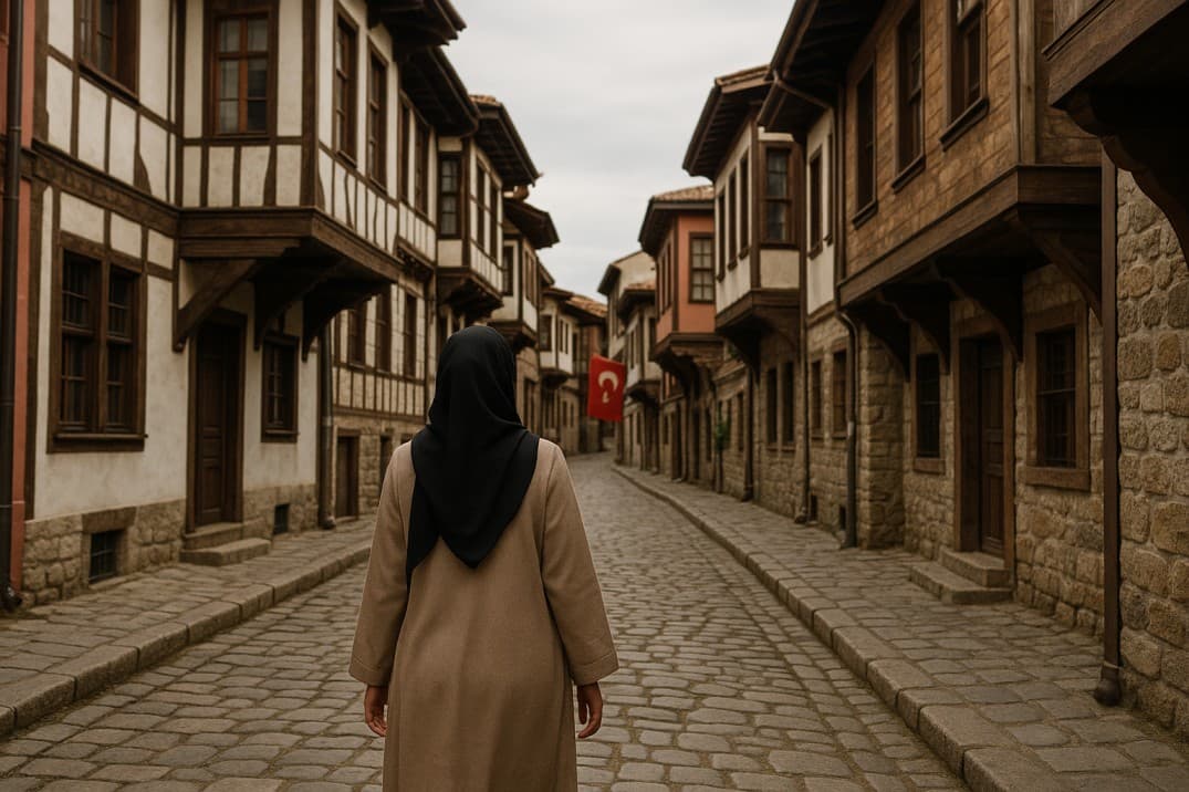 tesettürlü-kadın-tarihi-şehir-merkezinde-yürüyor