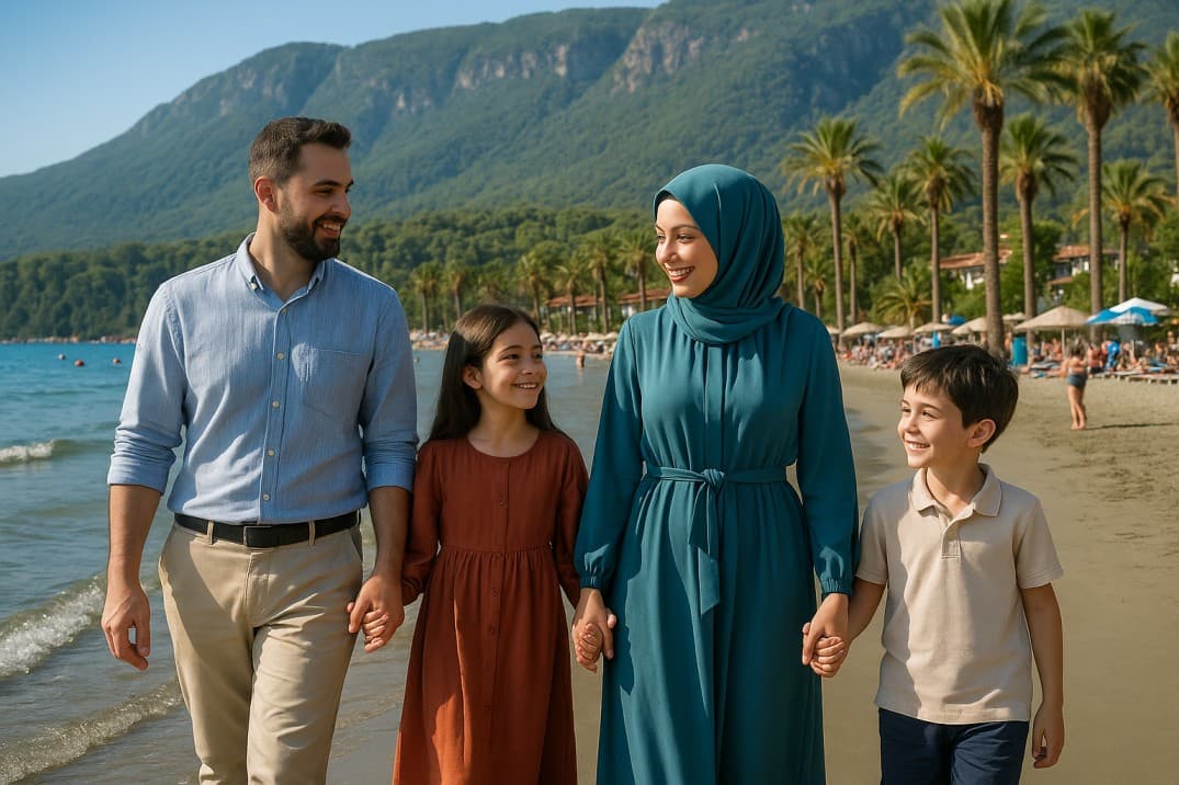 muhafazakâr-aile-plajda-yürüyüş-yapıyor