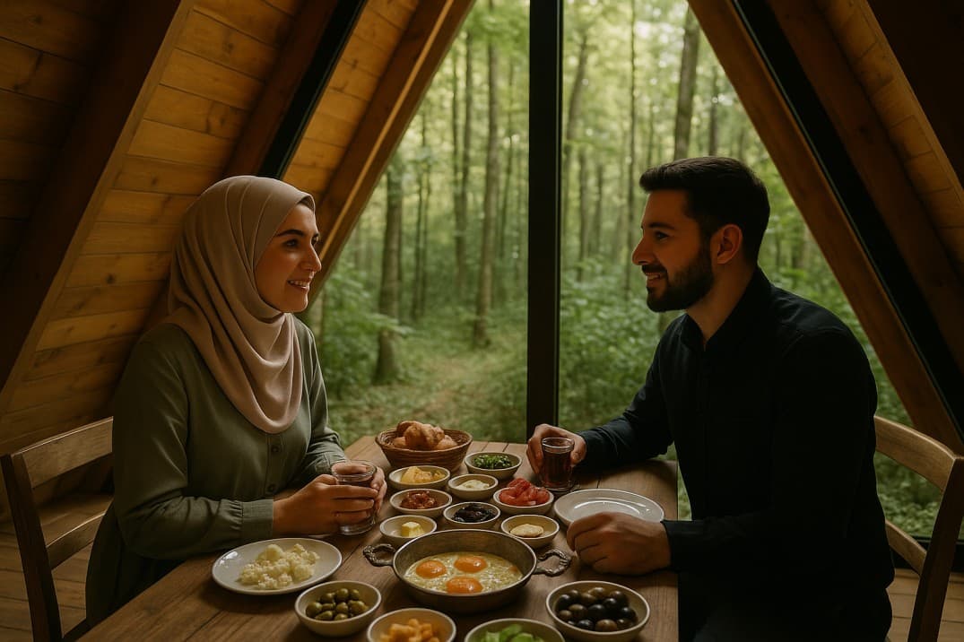 muhafazakâr-çift-bungalovda-kahvaltı-yapıyor