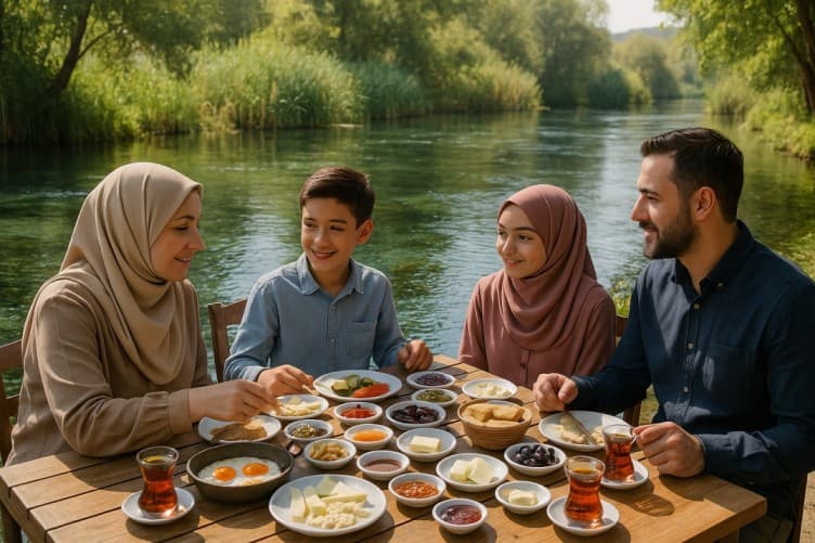 muhafazakâr-aile-nehir-kenarında-kahvaltı-yapıyor