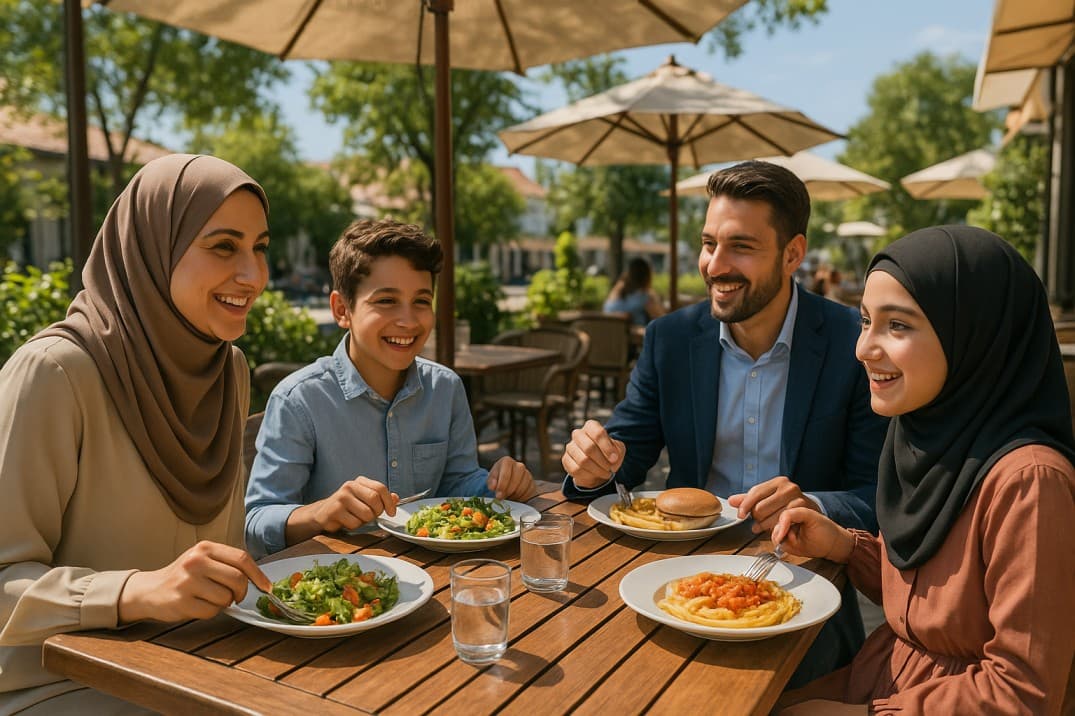 muhafazakâr-aile-açık-alanda-öğle-yemeği-yiyor