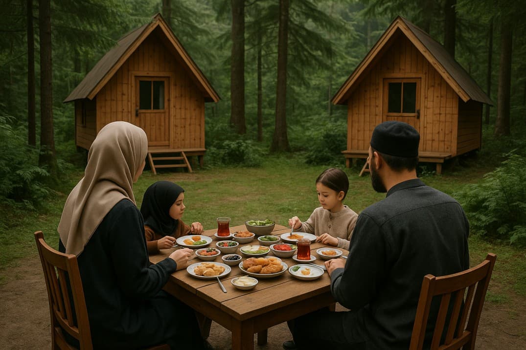 muhafazakar-aile-bungalovun-karşısında-çocuklarıyla-kahvaltı-ediyor