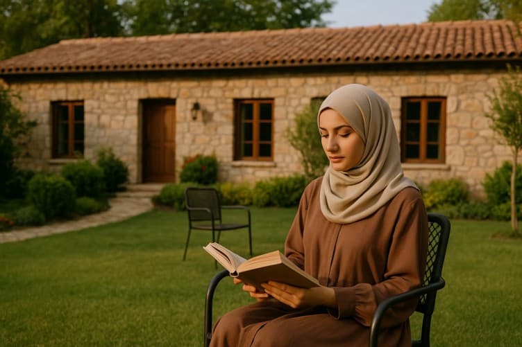 tesettürlü-bir-kadın-butik-bir-otelin-bahçesinde-kitap-okuyor