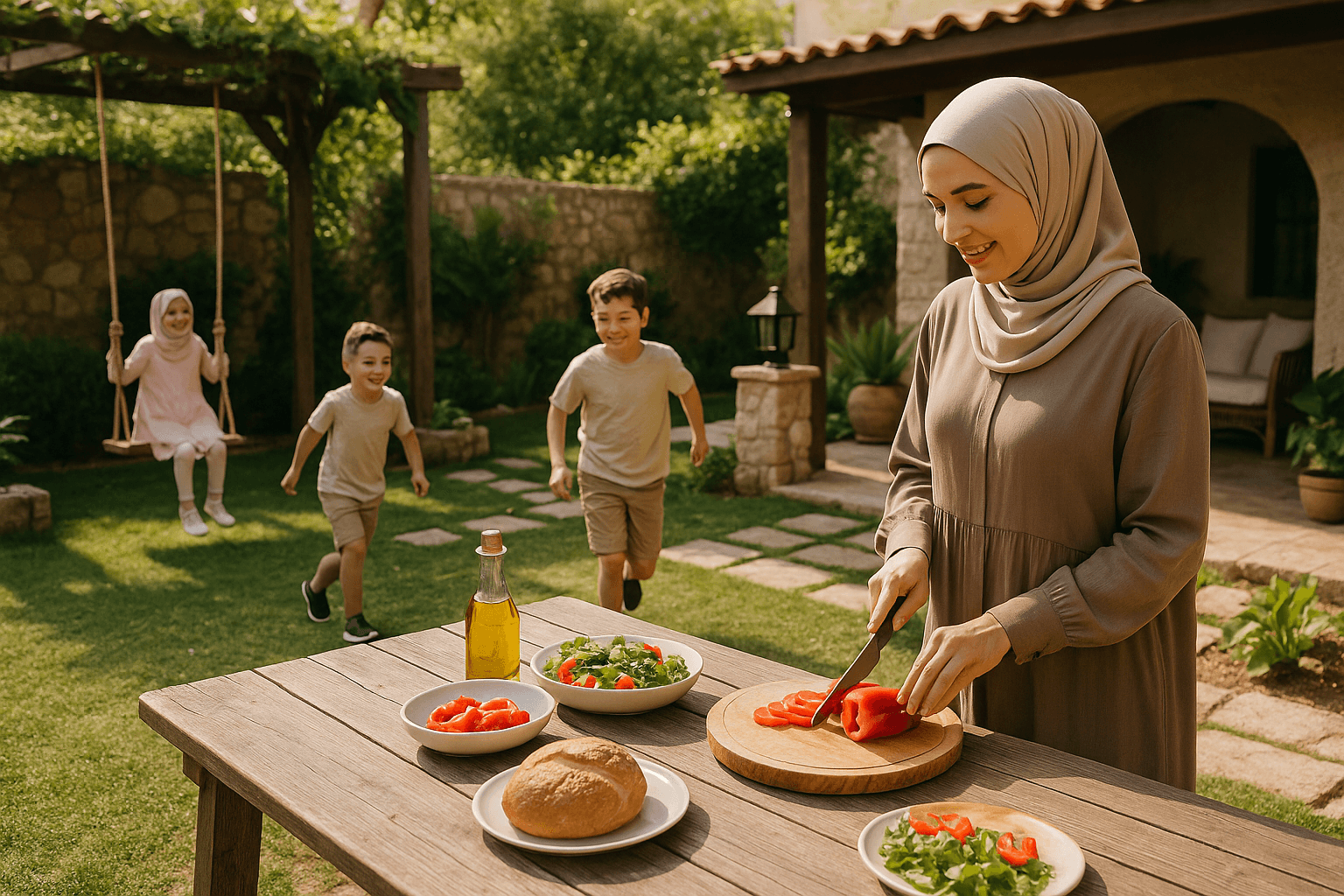 muslim-mother-preparing-breakfast-for-her-children-in-a-private-alcohol-free-villa