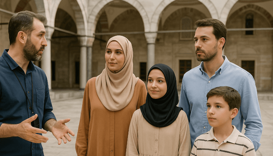 muslim-family-listening-to-a-tour-guide-in-a-historic-mosque