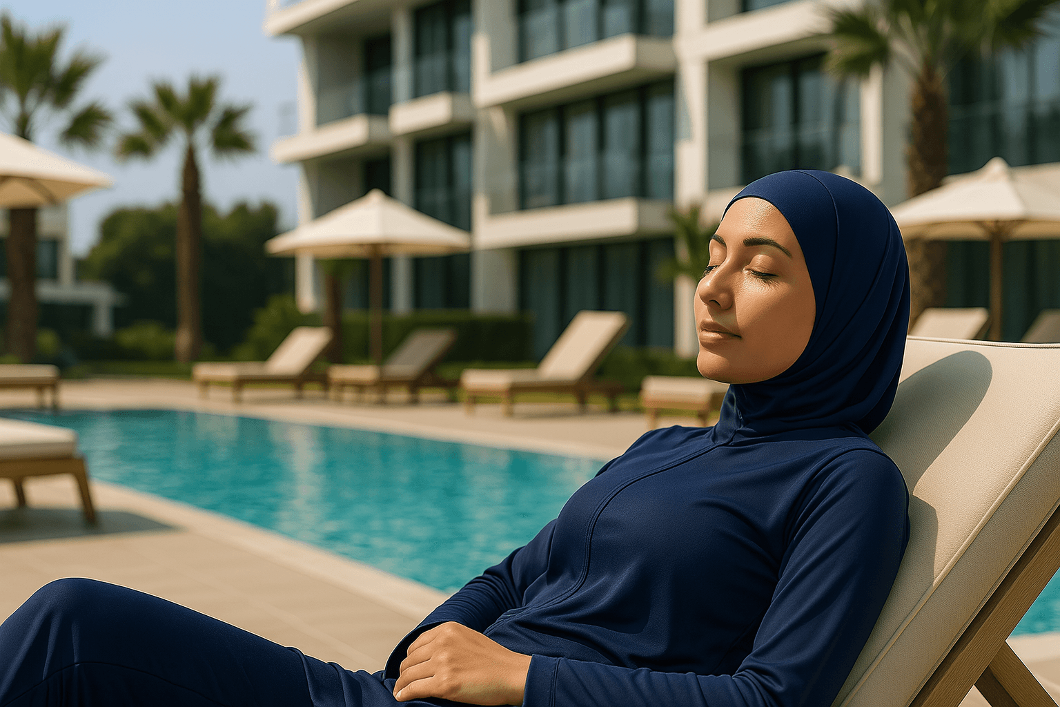 muslim-woman-sunbathing-on-a-sunbed-by-the-pool-of-a-modern-hotel