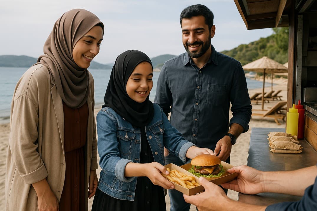 conservative-family-enjoying-fast-food-by-the-beach
