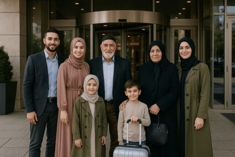 extended-family-taking-photo-while-entering-hotel-for-bayram-holiday