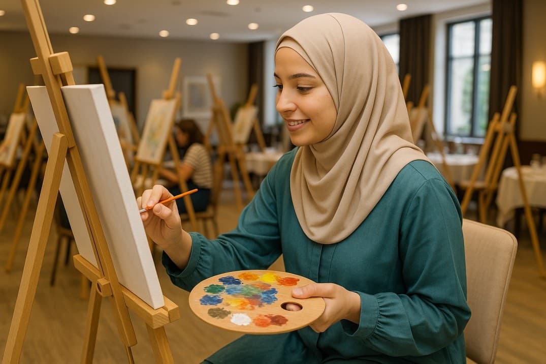 hijabi-woman-drawing-in-a-workshop-at-a-modest-hotel