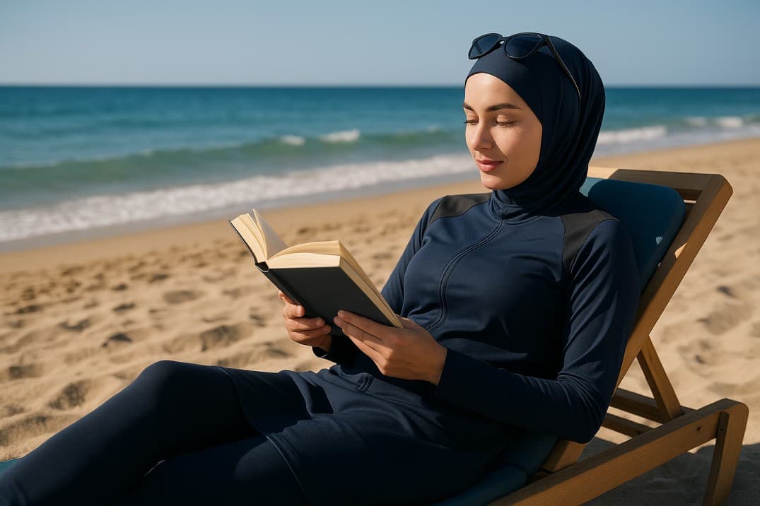 tesettür-mayolu-kadın-kadinlara-ozel-plajda-kitap-okuyor