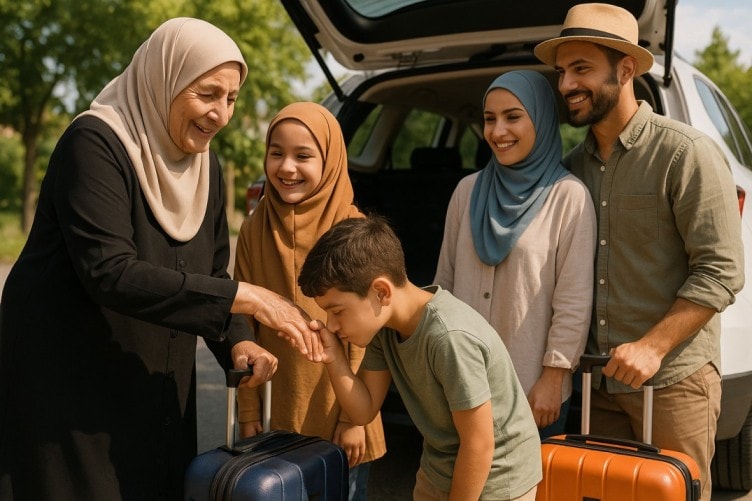 Großfamilie-verabschiedet-sich-zum-Urlaubsantritt-mit-Handkuss