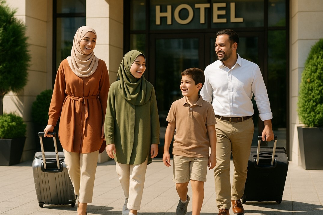 konservative-Familie-beim-Auschecken-aus-dem-Hotel-am-Ende-ihres-Urlaubs