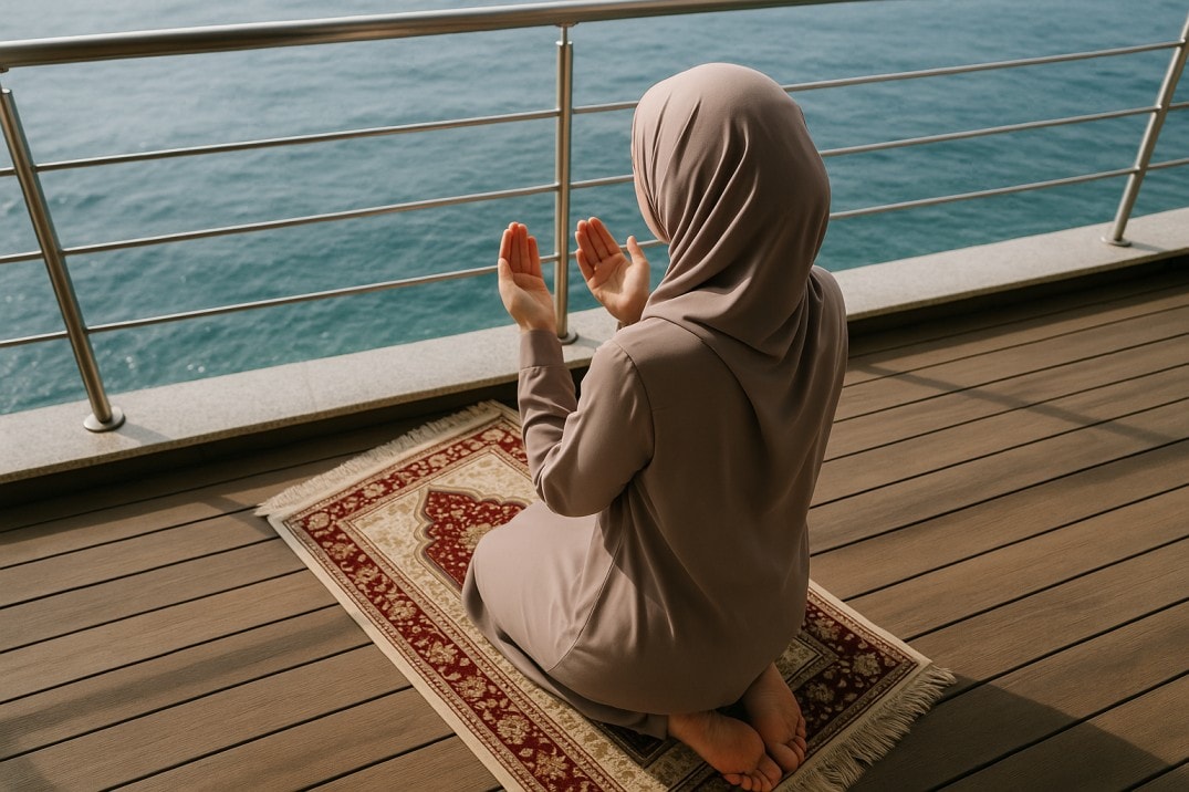muslimische-Frau-betet-auf-dem-Balkon-am-Meer